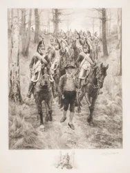 French cavalry travelling through woods with a guide, engraved by Achilles Jacquet (1846-1908)